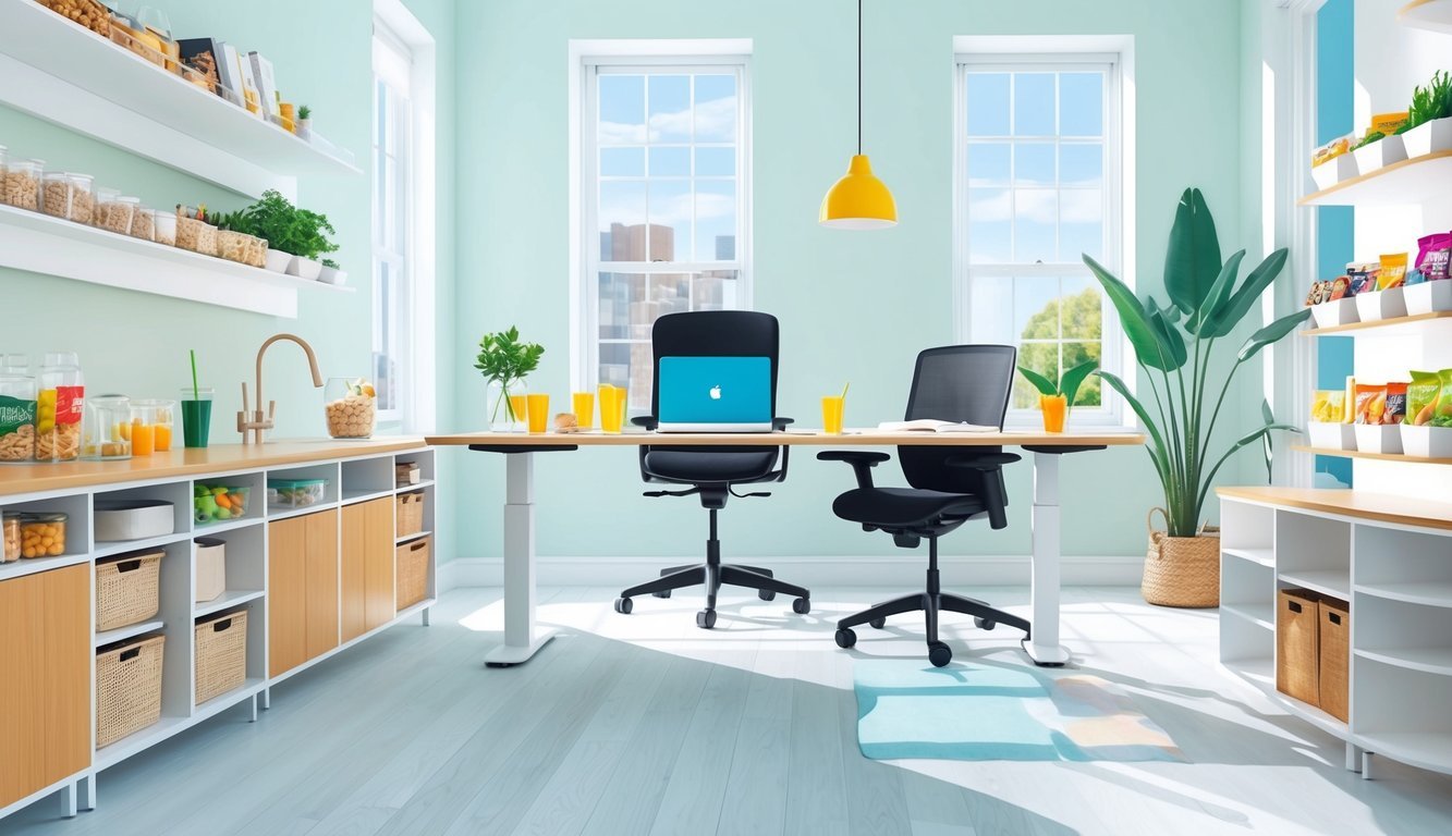 A bright, airy office space with a standing desk, ergonomic chair, natural light, and a variety of healthy snacks and drinks within arm's reach