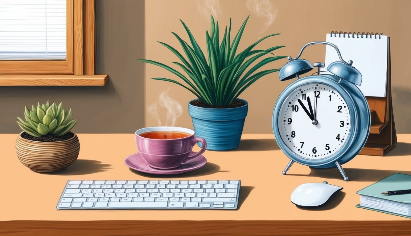 A cozy office desk with a cup of tea, a potted plant, and a timer set for short breaks throughout the day