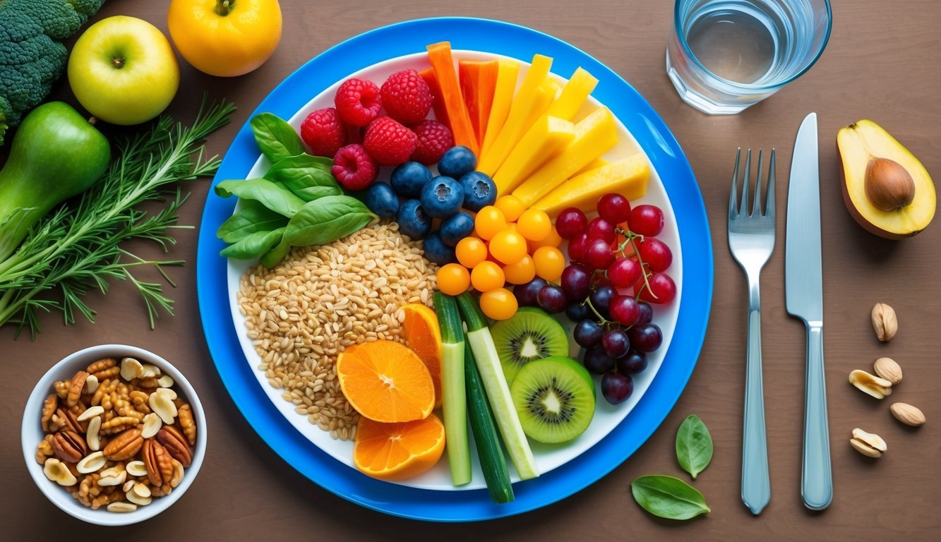 A colorful plate with a variety of fresh fruits, vegetables, and whole grains, accompanied by a glass of water and a small bowl of nuts