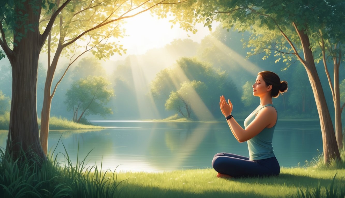 A serene natural setting with gentle sunlight filtering through the trees, a calm lake, and a person practicing deep breathing exercises