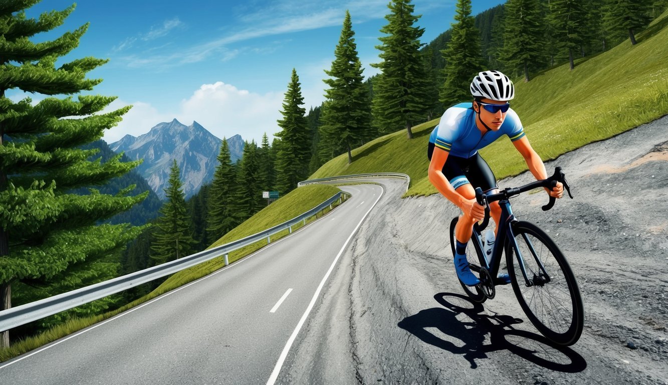 A cyclist powering up a steep mountain road, surrounded by lush green trees and a clear blue sky, with determination and focus on their face