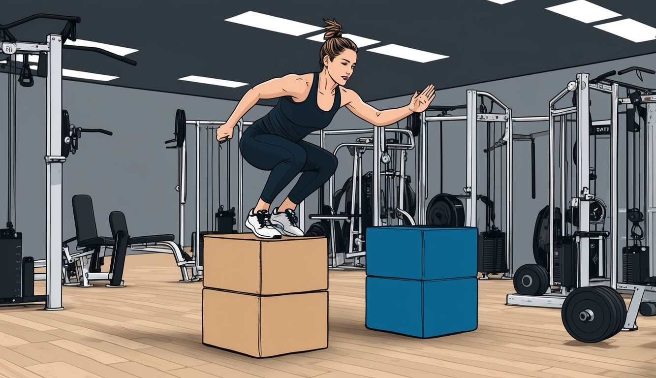 A person jumping onto and off of a plyo box, surrounded by other fitness equipment in a gym setting