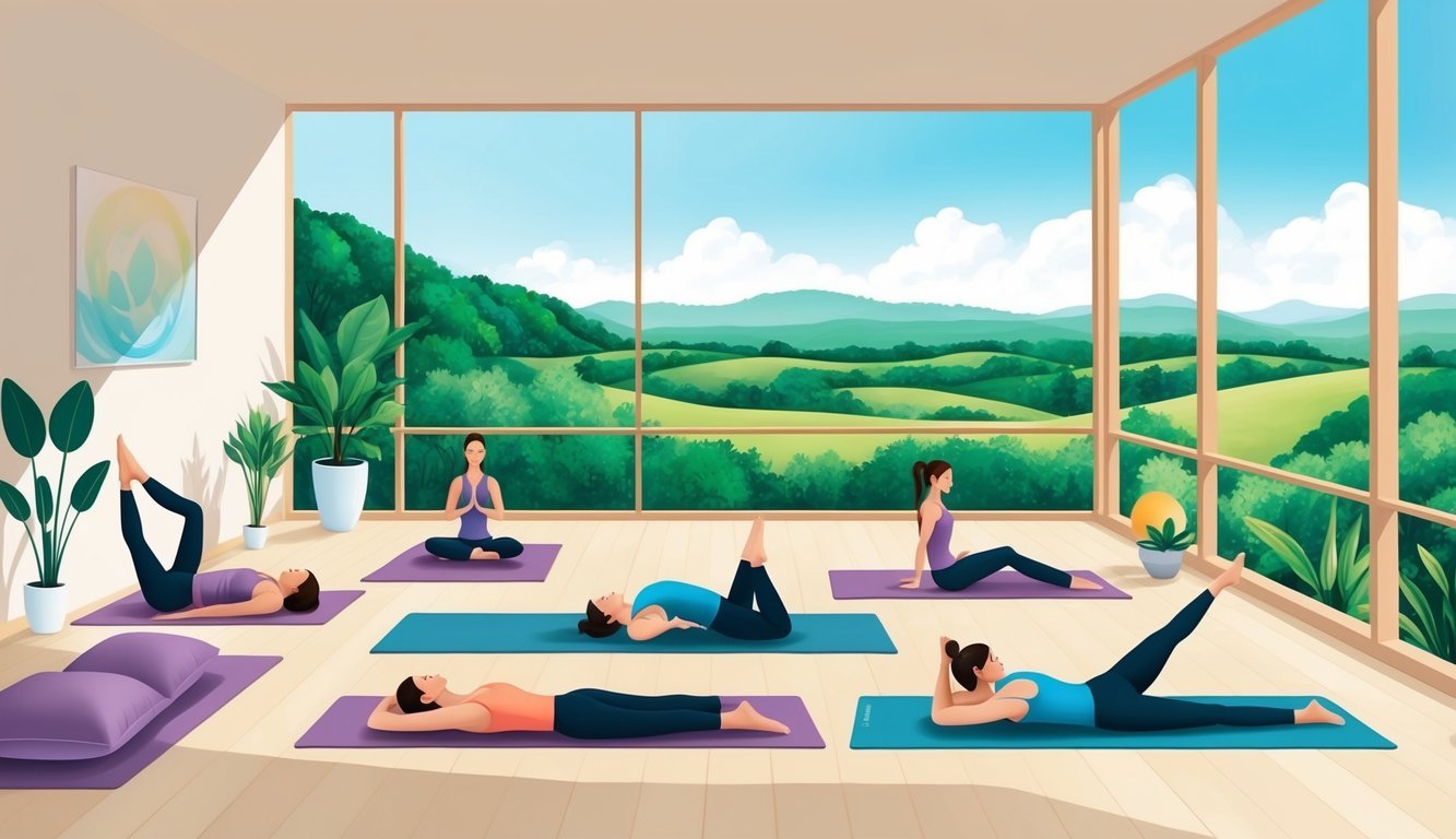 A serene yoga studio with a panoramic view of a lush green landscape, featuring a variety of yoga poses that promote flexibility and physical endurance