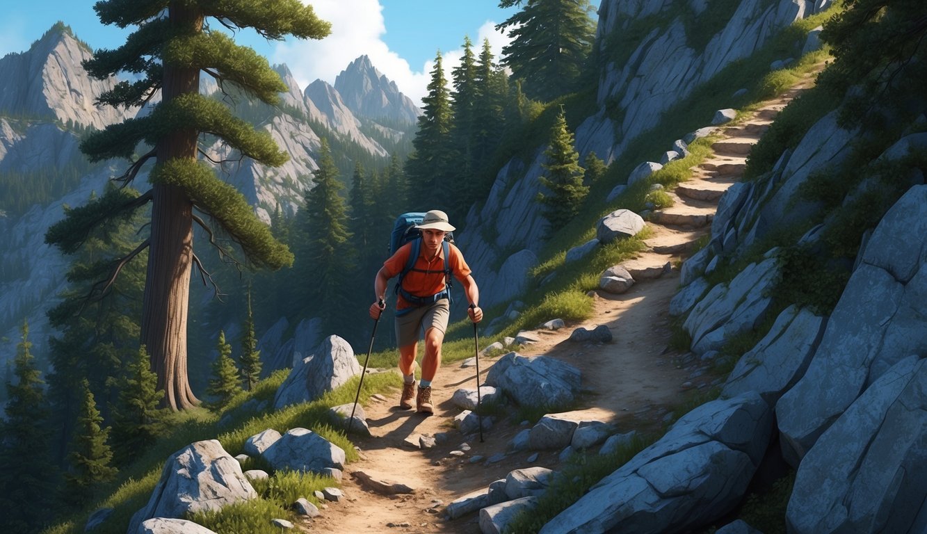 A hiker ascending a steep, rugged trail, surrounded by towering trees and jagged rocks, with a determined expression and a sense of determination in their step