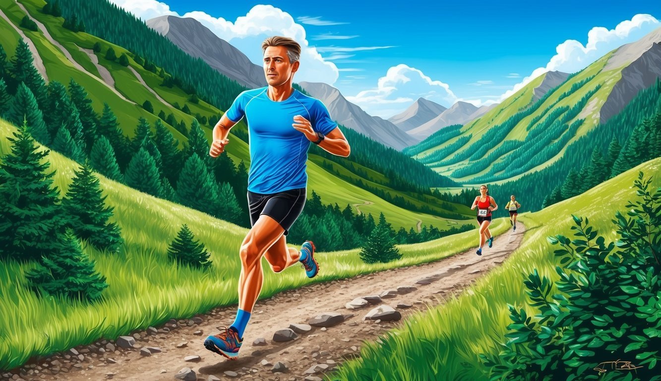 A trail runner races through a mountainous landscape, surrounded by lush greenery and clear blue skies, showcasing the physical endurance needed for an active lifestyle