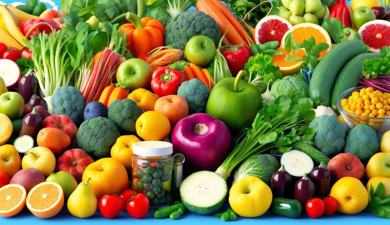 A colorful array of fruits, vegetables, vitamins, and exercise equipment arranged in a vibrant and inviting display