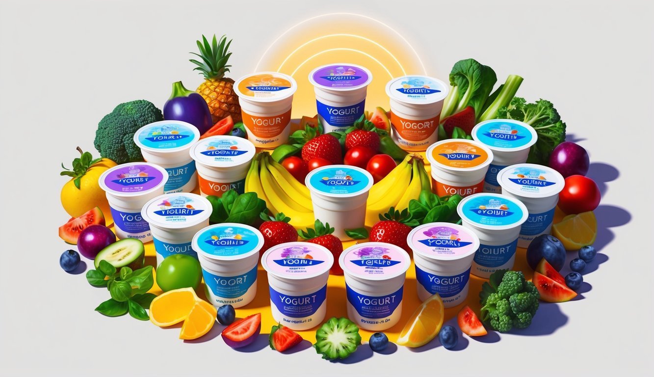 A colorful array of yogurt containers surrounded by vibrant fruits and vegetables, with a glowing halo of light around them