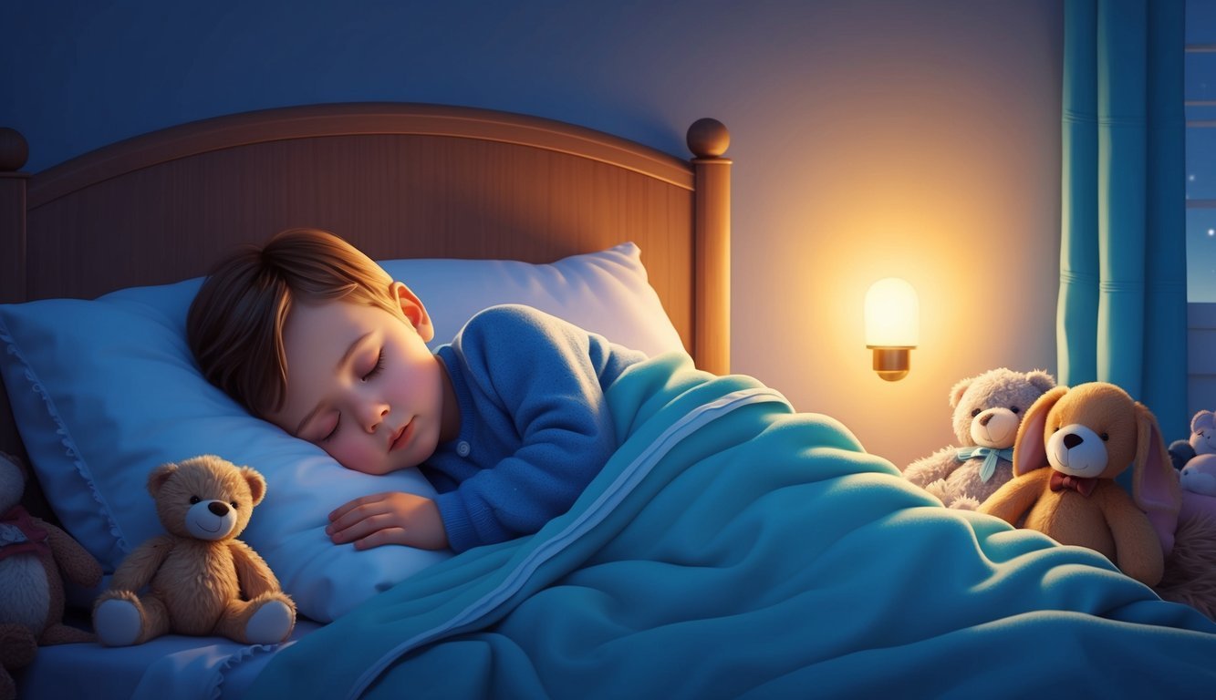 A cozy bedroom with a child peacefully sleeping in a comfortable bed, surrounded by soft blankets and stuffed animals.</p><p>A dim nightlight casts a warm glow, creating a soothing and restful atmosphere