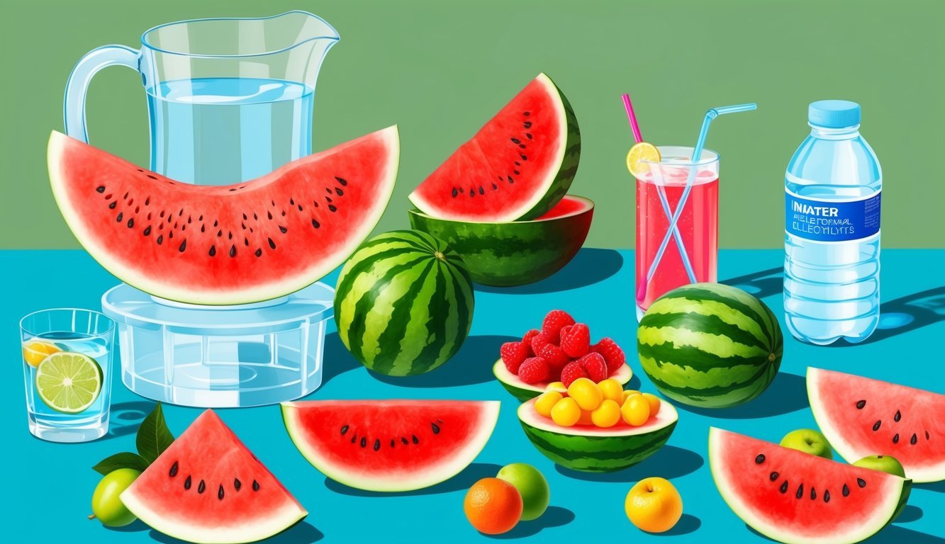 A colorful array of water-rich fruits, including watermelon, arranged on a table with a pitcher of water and electrolyte-rich drinks