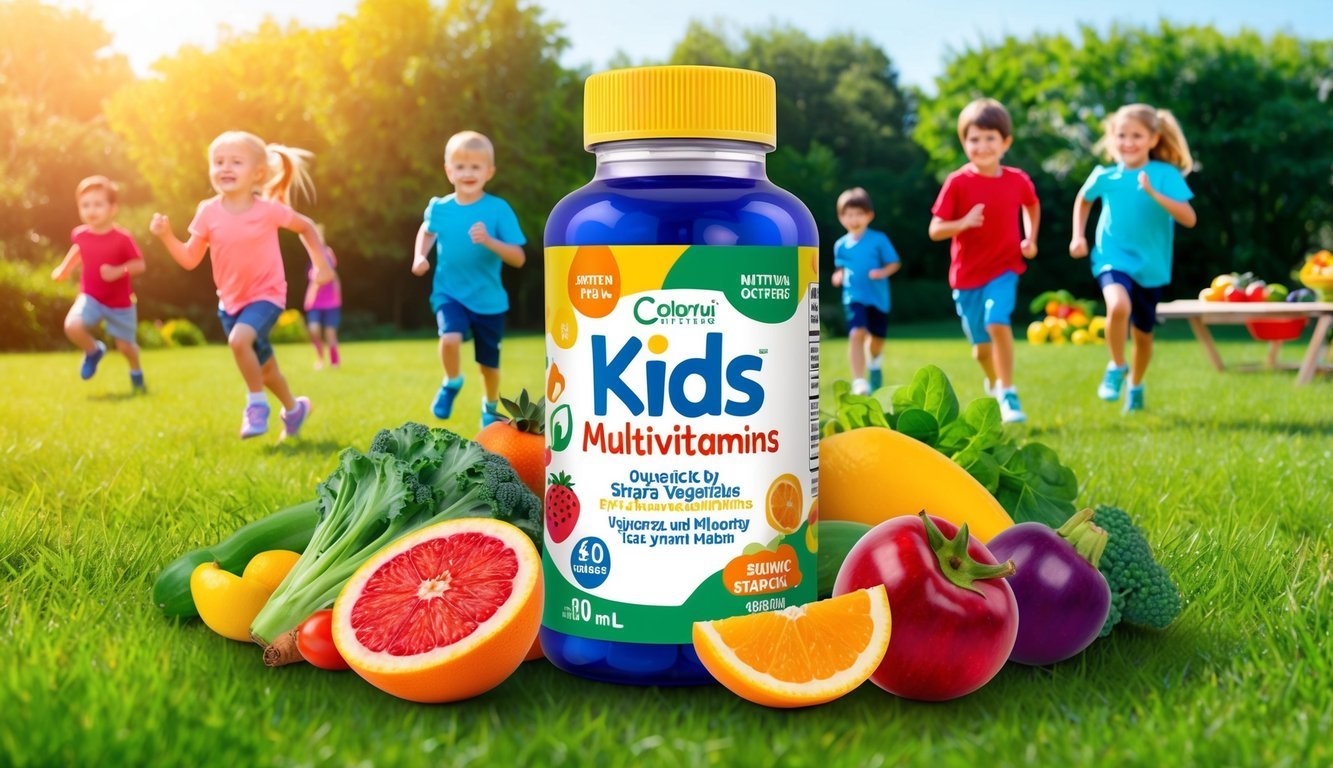 A colorful bottle of kids' multivitamins surrounded by vibrant fruits and vegetables, a sunny outdoor scene with children playing and staying active