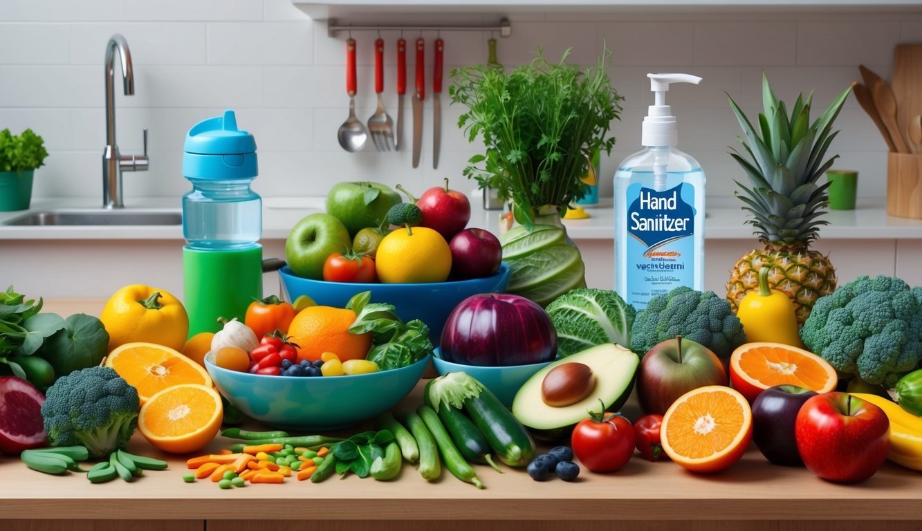 A colorful array of fruits, vegetables, and vitamins arranged on a kitchen counter, with a child's water bottle and a bottle of hand sanitizer nearby