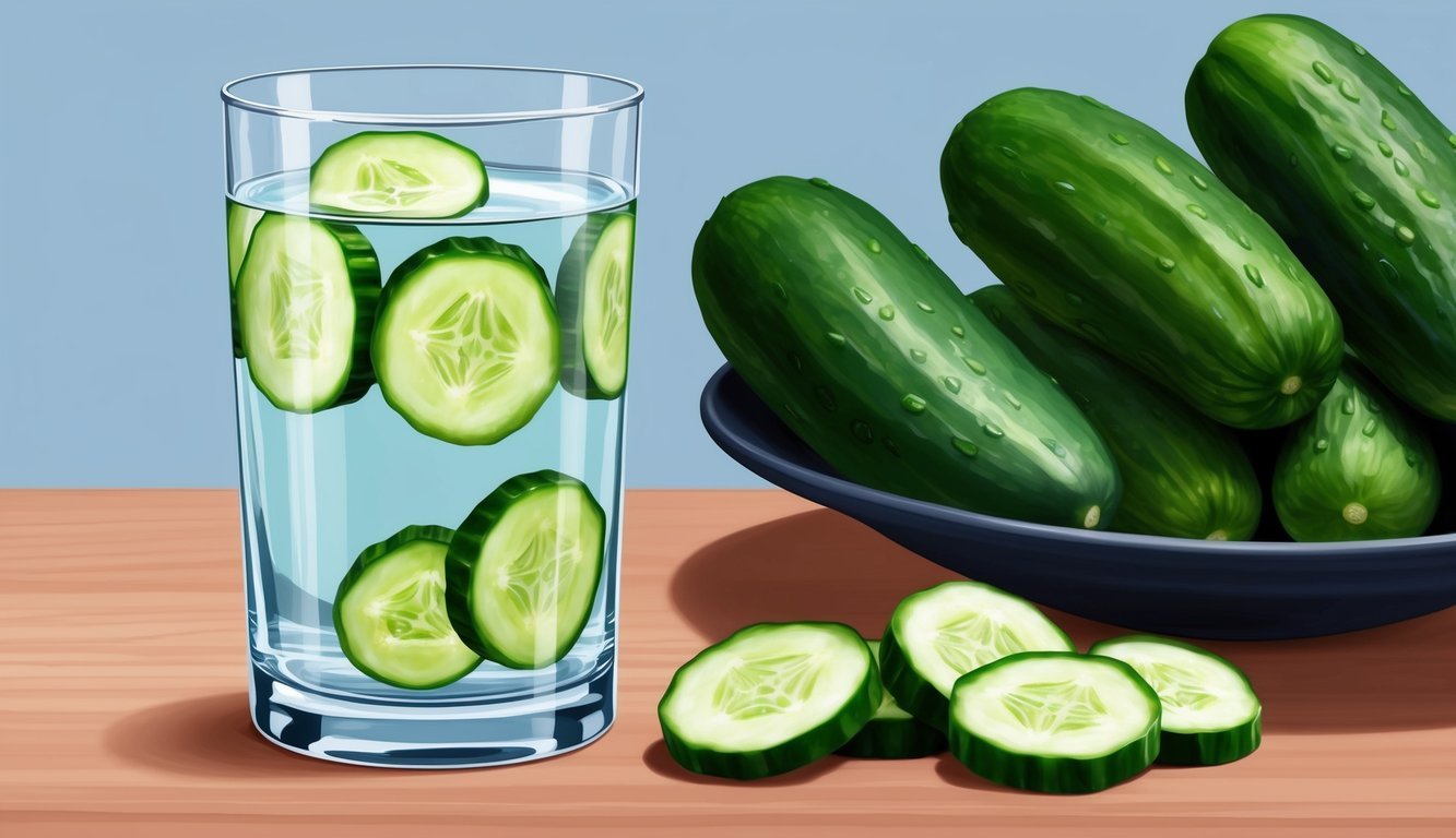 A glass of water with cucumber slices next to a bowl of whole cucumbers