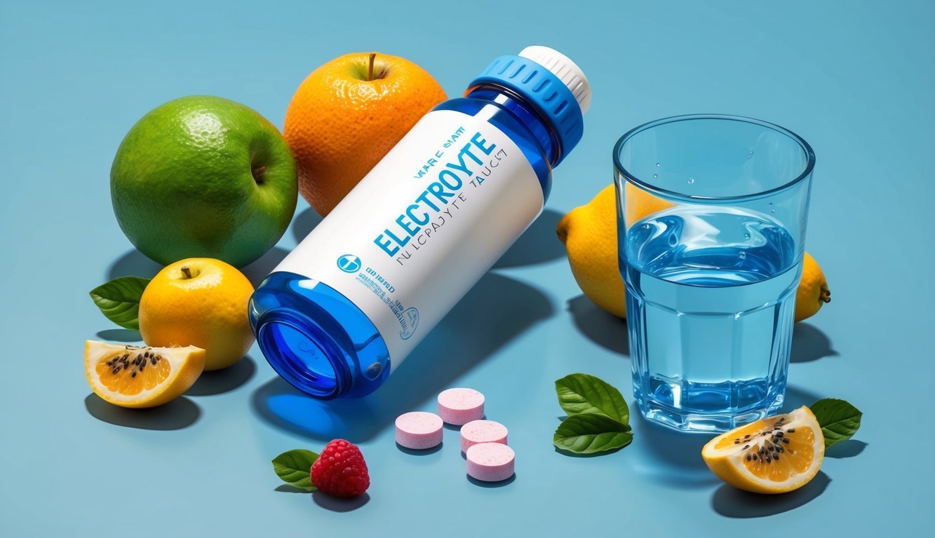 A water bottle with electrolyte tablets dissolving in it, surrounded by fresh fruits and a glass of water