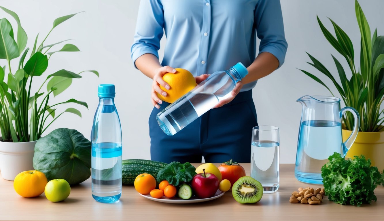 A person holding a water bottle and a variety of fruits and vegetables, with a glass of water on a table, surrounded by plants and a water pitcher