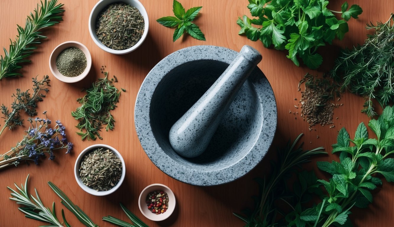 A table with various herbs and a mortar and pestle for making infusions