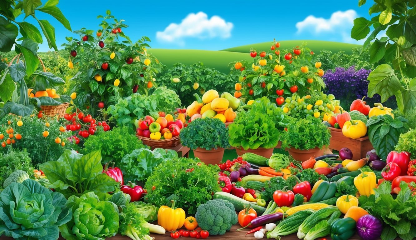 A vibrant garden with a variety of colorful fruits and vegetables, surrounded by a lush green landscape, under a bright blue sky