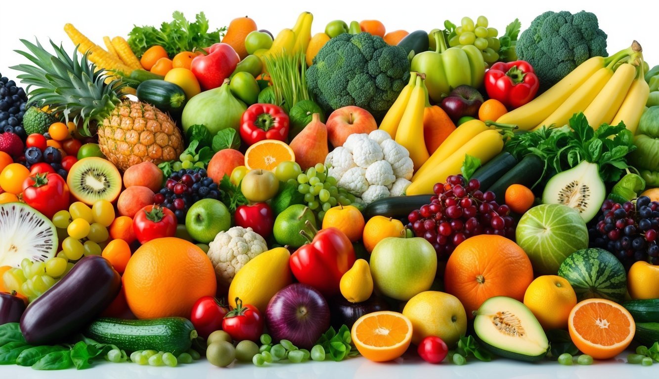 A vibrant array of fruits and vegetables arranged in a bountiful display, showcasing a variety of colors and shapes