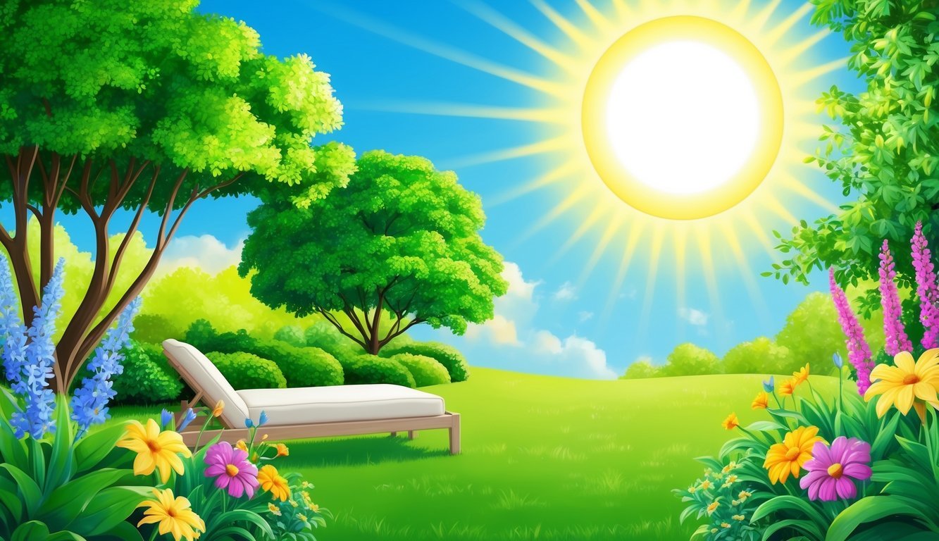 A bright sun shining down on a serene outdoor setting with lush greenery and colorful flowers, creating a peaceful and inviting atmosphere for relaxation and rejuvenation