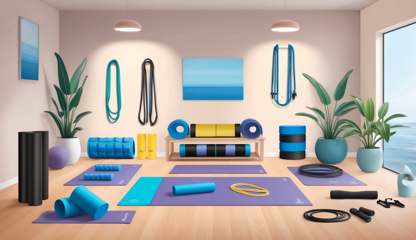 A serene yoga studio with soft lighting and calming decor, featuring a variety of foam rollers, resistance bands, and recovery tools neatly organized