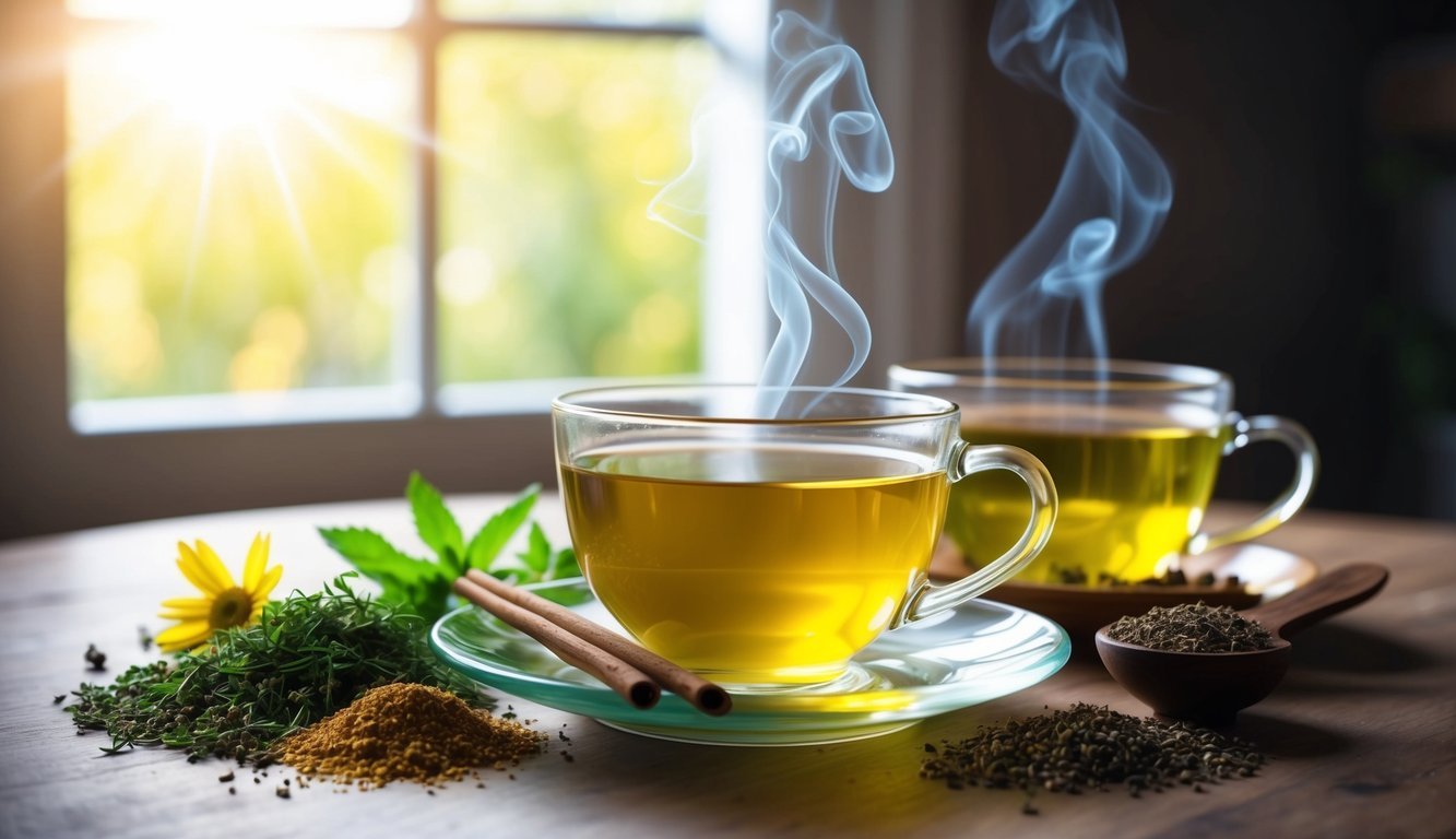 A cozy table with a steaming cup of herbal tea surrounded by various herbs and spices.</p><p>Sunlight streams in through a window, creating a warm and inviting atmosphere