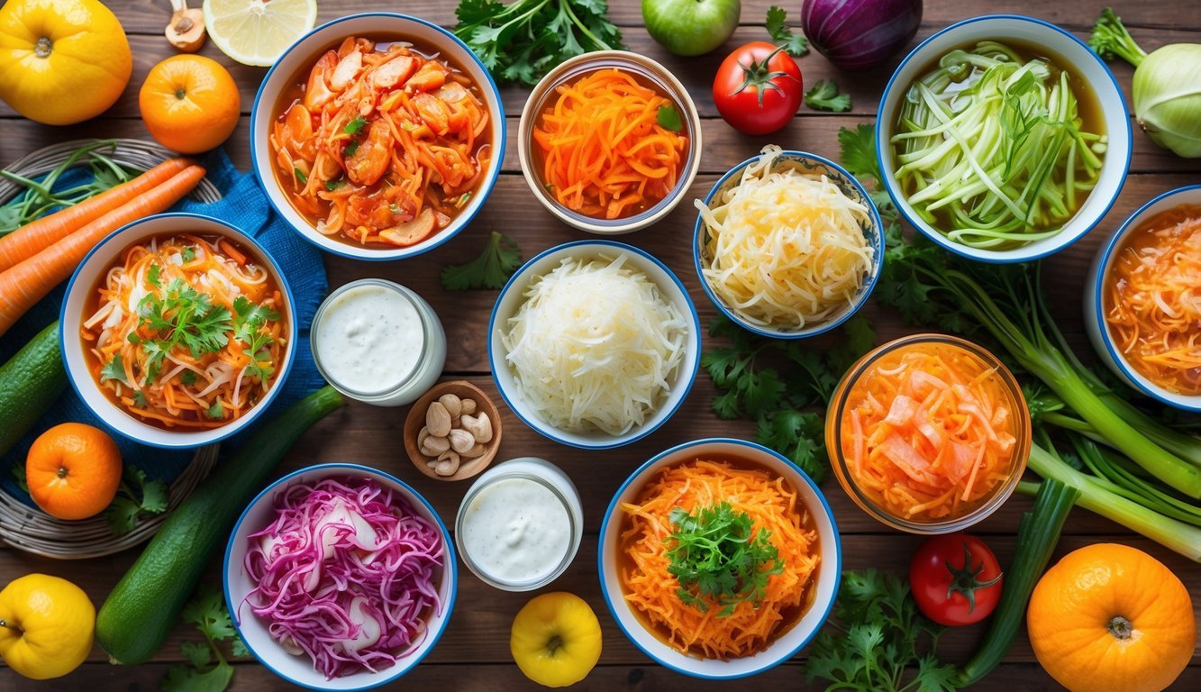 A colorful array of fermented foods, such as kimchi, sauerkraut, and kefir, displayed on a wooden table surrounded by vibrant fruits and vegetables