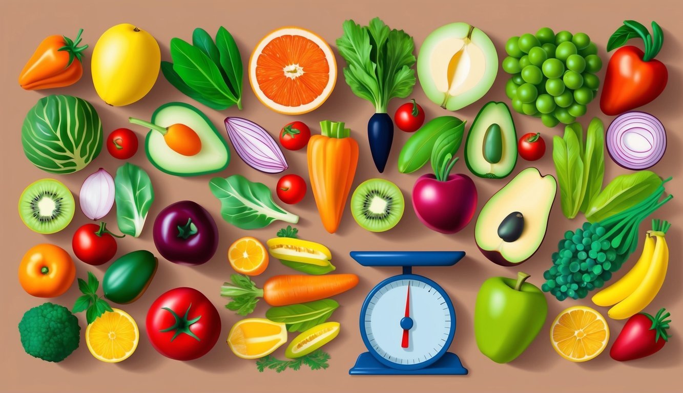 A variety of colorful fruits and vegetables arranged in a balanced and appealing manner, with a scale nearby to symbolize maintaining a healthy weight