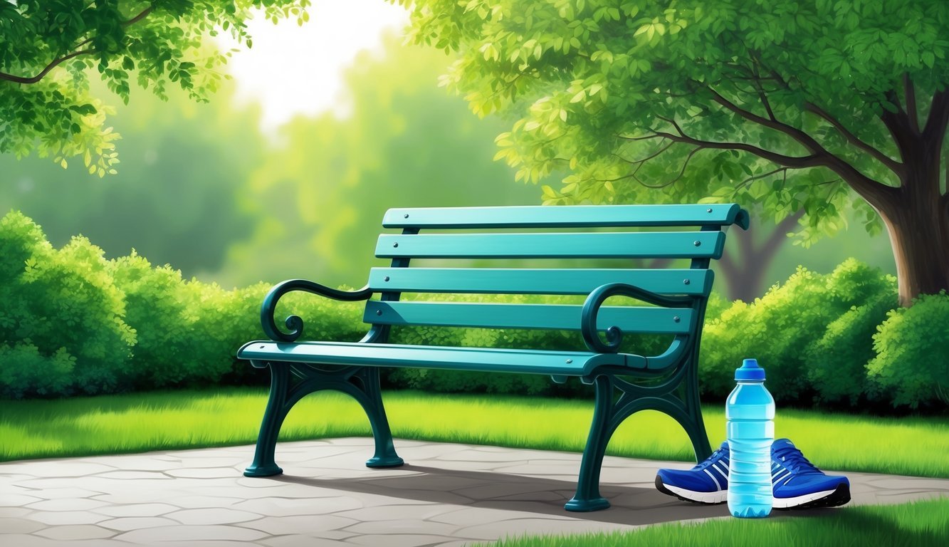 A serene park bench surrounded by lush greenery and a peaceful atmosphere, with a water bottle and a pair of running shoes placed next to it