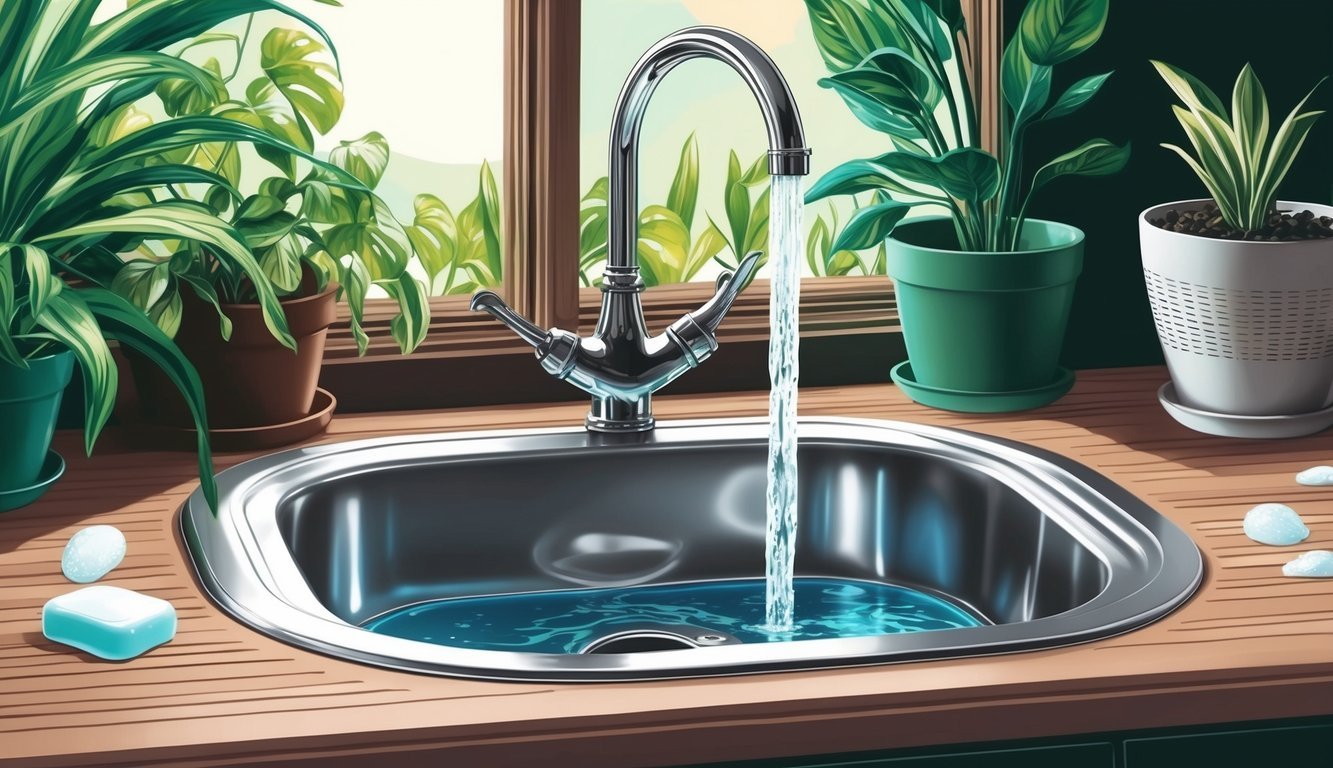 A sink with running water and soap, surrounded by green plants and natural light