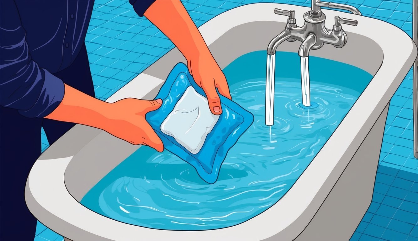 A person submerging an ice pack in a bath of cold water