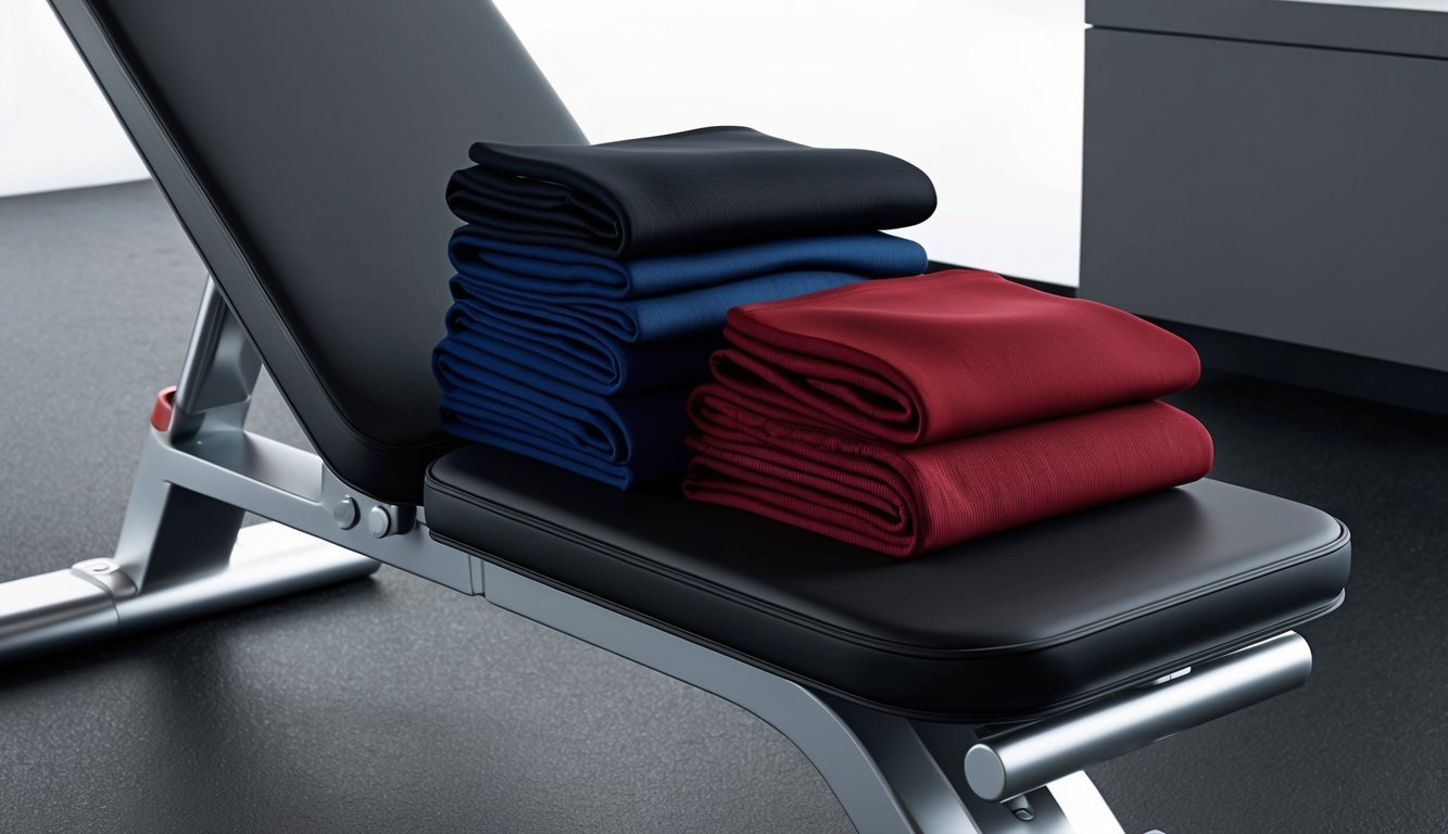 A pile of neatly folded compression clothing on a sleek, modern workout bench