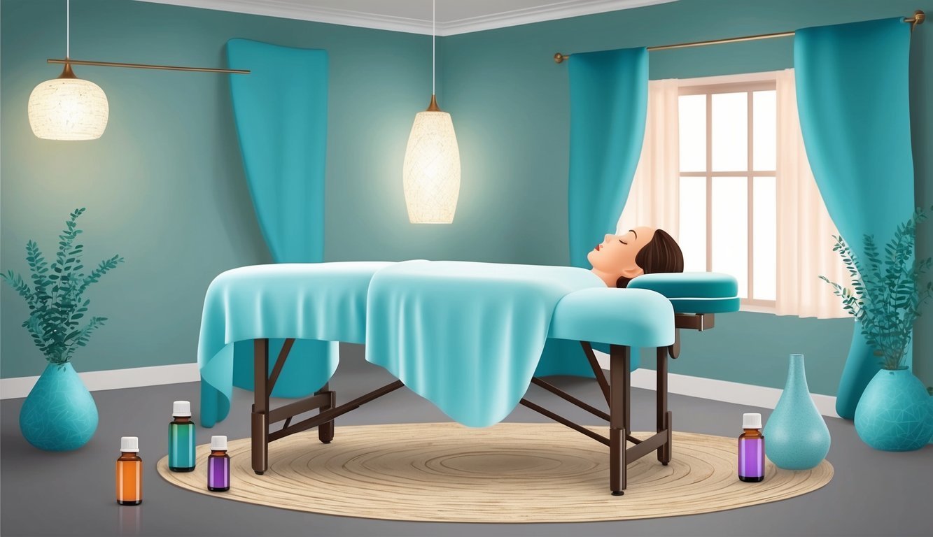 A serene massage room with soothing lighting and a comfortable massage table, surrounded by calming decor and essential oils