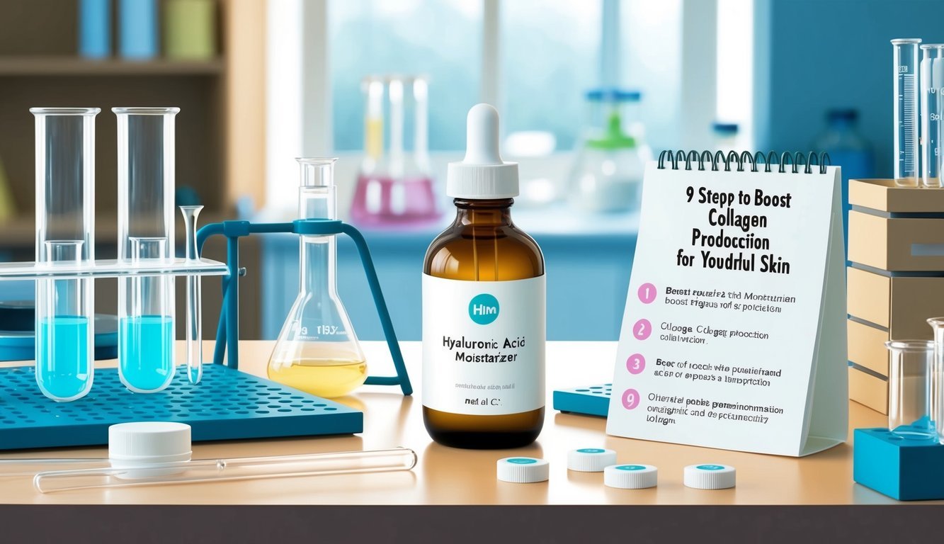 A laboratory table with beakers, test tubes, and scientific equipment.</p><p>A bottle of hyaluronic acid moisturizer sits next to a list of "9 Steps to Boost Collagen Production for Youthful Skin."