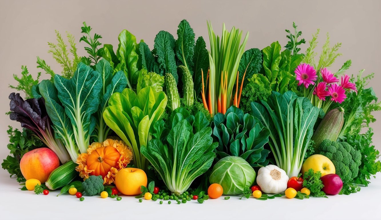 A variety of green leafy vegetables arranged in a colorful and vibrant display, surrounded by natural elements such as fruits and flowers