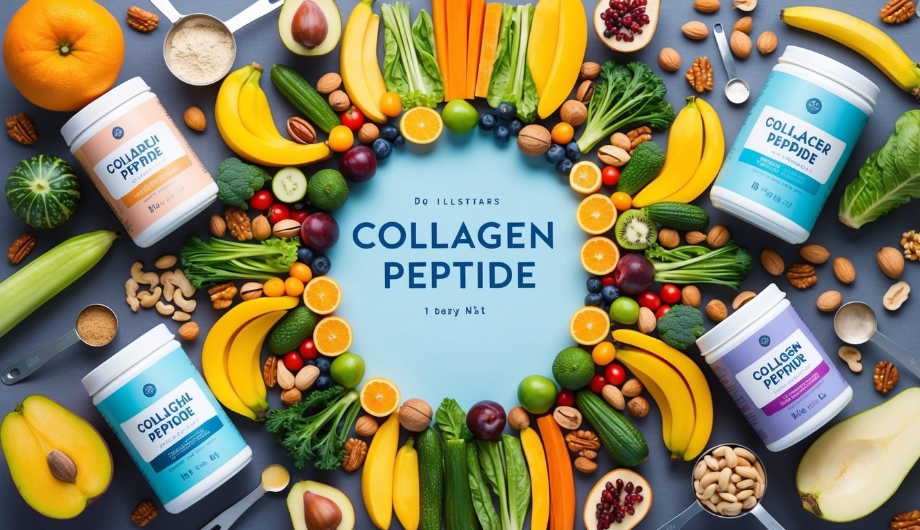 A colorful array of fruits, vegetables, and nuts arranged in a circular pattern, surrounded by jars of collagen peptide powder and a measuring scoop