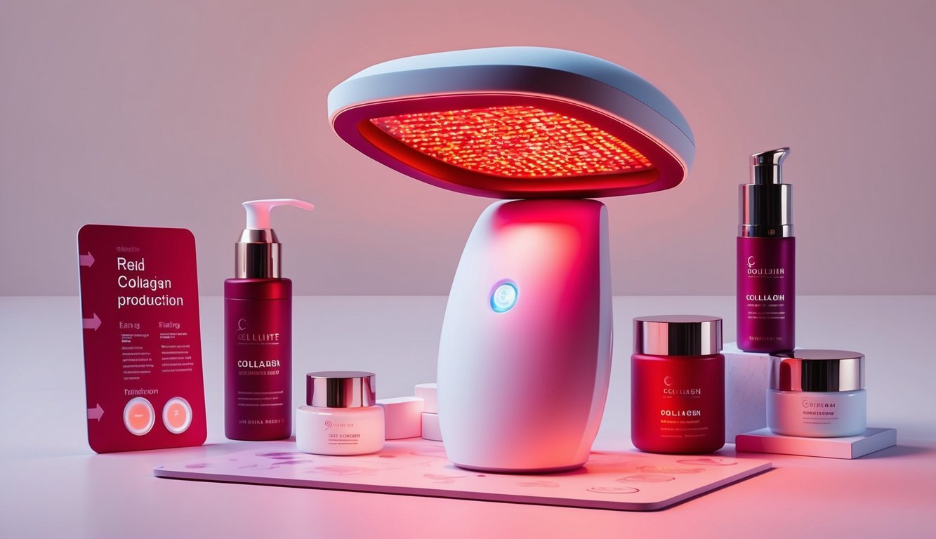 A red light therapy device emitting a warm glow, surrounded by skincare products and a step-by-step guide for collagen production