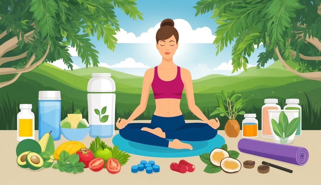 A serene setting with a variety of healthy foods, exercise equipment, natural supplements, and relaxation tools to support thyroid health