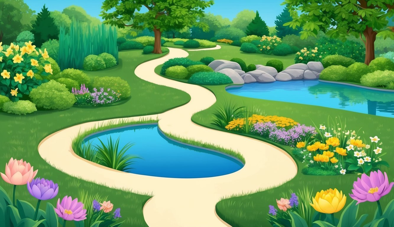 A serene garden with a winding path, blooming flowers, and a tranquil pond surrounded by lush greenery, creating a peaceful and calming environment for mindfulness meditation