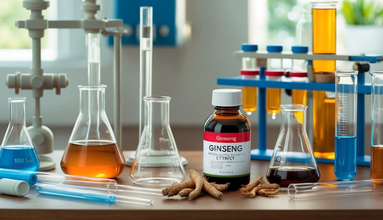 A laboratory table with various scientific equipment and a bottle of ginseng extract surrounded by beakers and test tubes