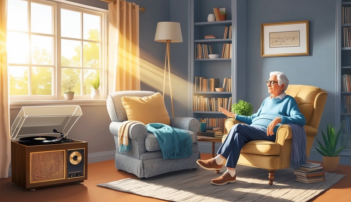 A cozy living room with a senior sitting in a comfortable chair, surrounded by classical music playing from a record player.</p><p>Sunlight streams in through the window, casting a warm glow over the room