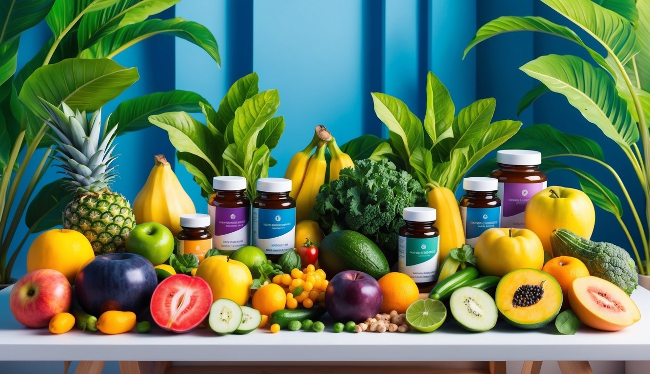 A colorful array of fruits, vegetables, and supplement bottles arranged on a table, surrounded by vibrant green leaves and a backdrop of soothing blue tones