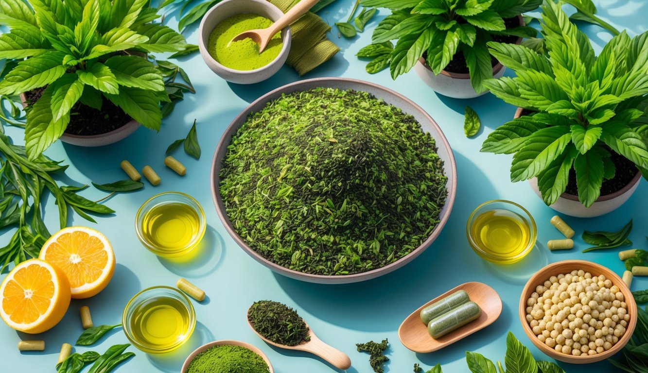 A serene tea garden with vibrant green matcha plants surrounded by anti-inflammatory foods and supplements