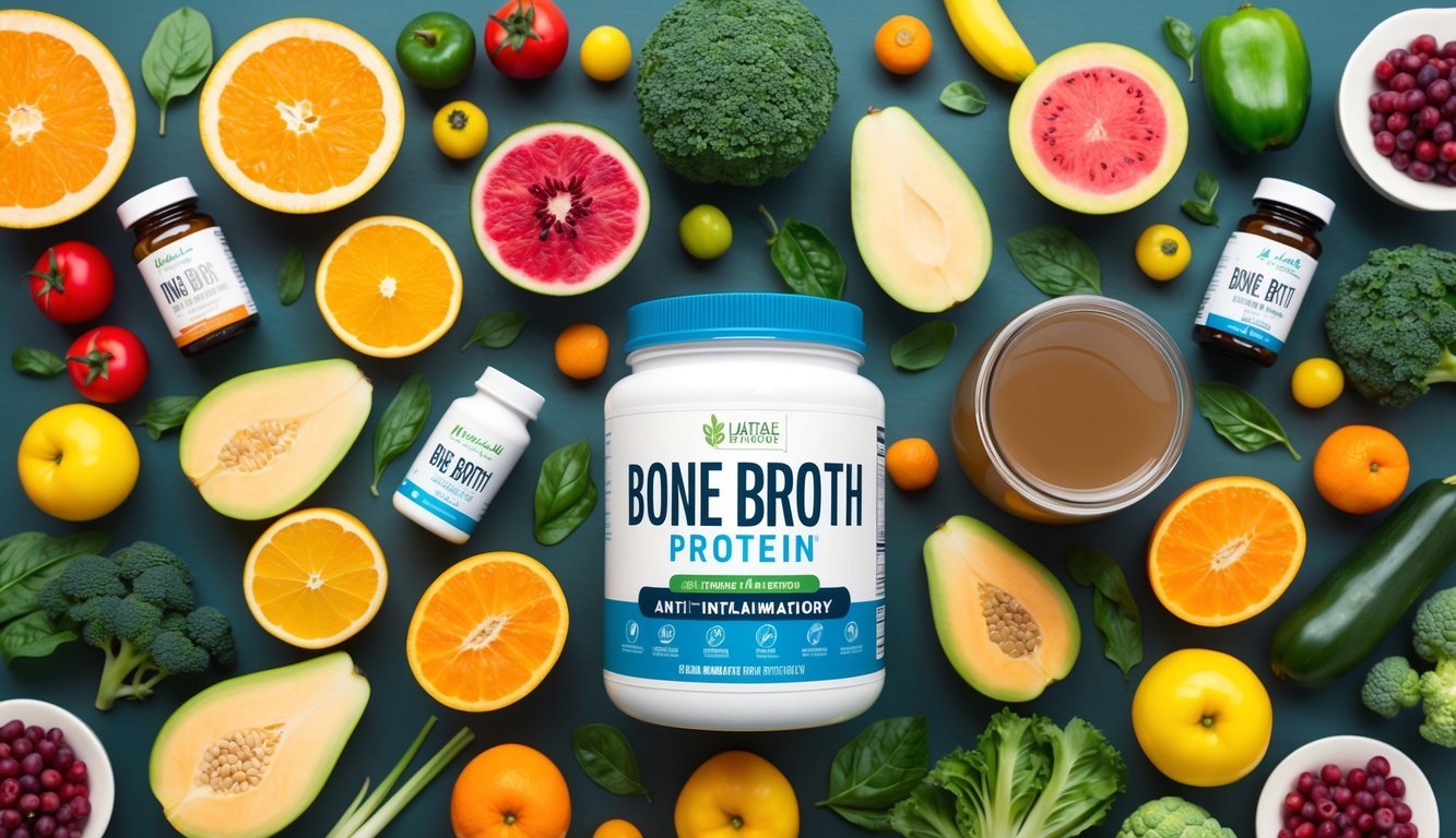 A variety of supplements and foods, including bone broth protein, are displayed on a table surrounded by colorful fruits and vegetables, all known for their anti-inflammatory properties