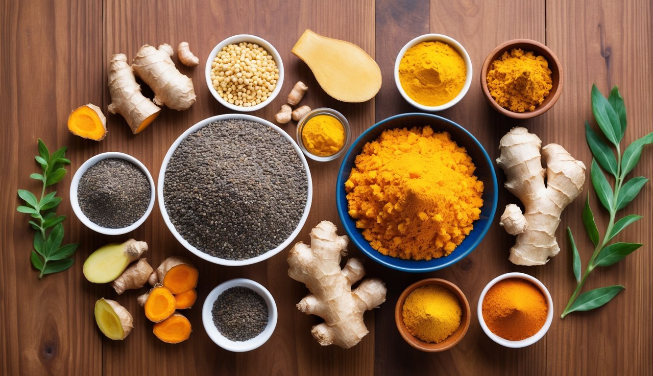 A colorful array of chia seeds, turmeric, ginger, and other anti-inflammatory foods and supplements arranged on a wooden table