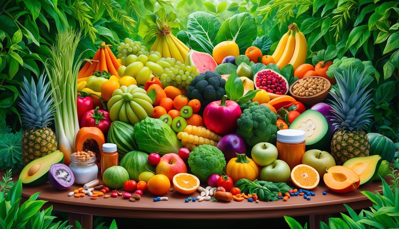 A vibrant array of fruits, vegetables, and supplements arranged on a table, surrounded by lush greenery and natural elements