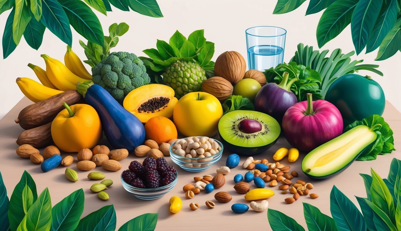 A colorful array of fruits, vegetables, nuts, and supplements arranged on a table, surrounded by vibrant green leaves and a clear glass of water