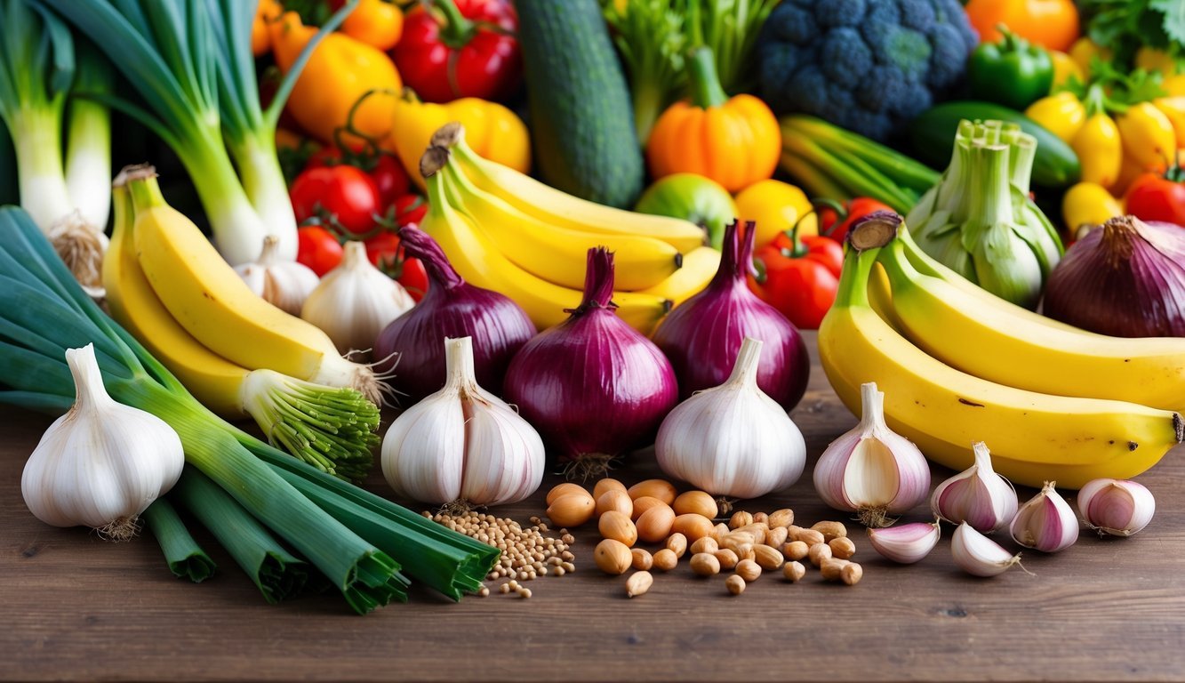 A colorful array of prebiotic foods like garlic, onions, leeks, and bananas arranged on a wooden table with a backdrop of vibrant gut-friendly vegetables and fruits