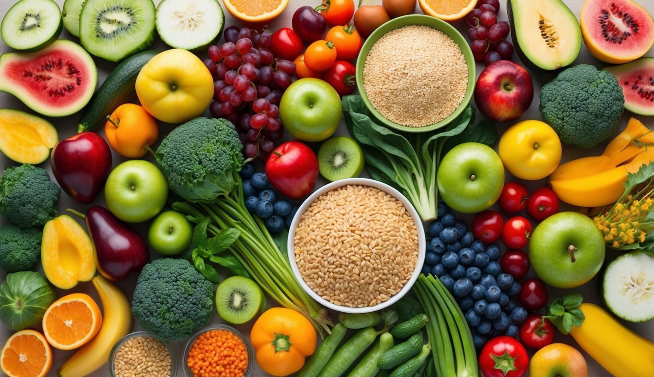 A colorful array of fruits, vegetables, and whole grains arranged in a balanced and appetizing display