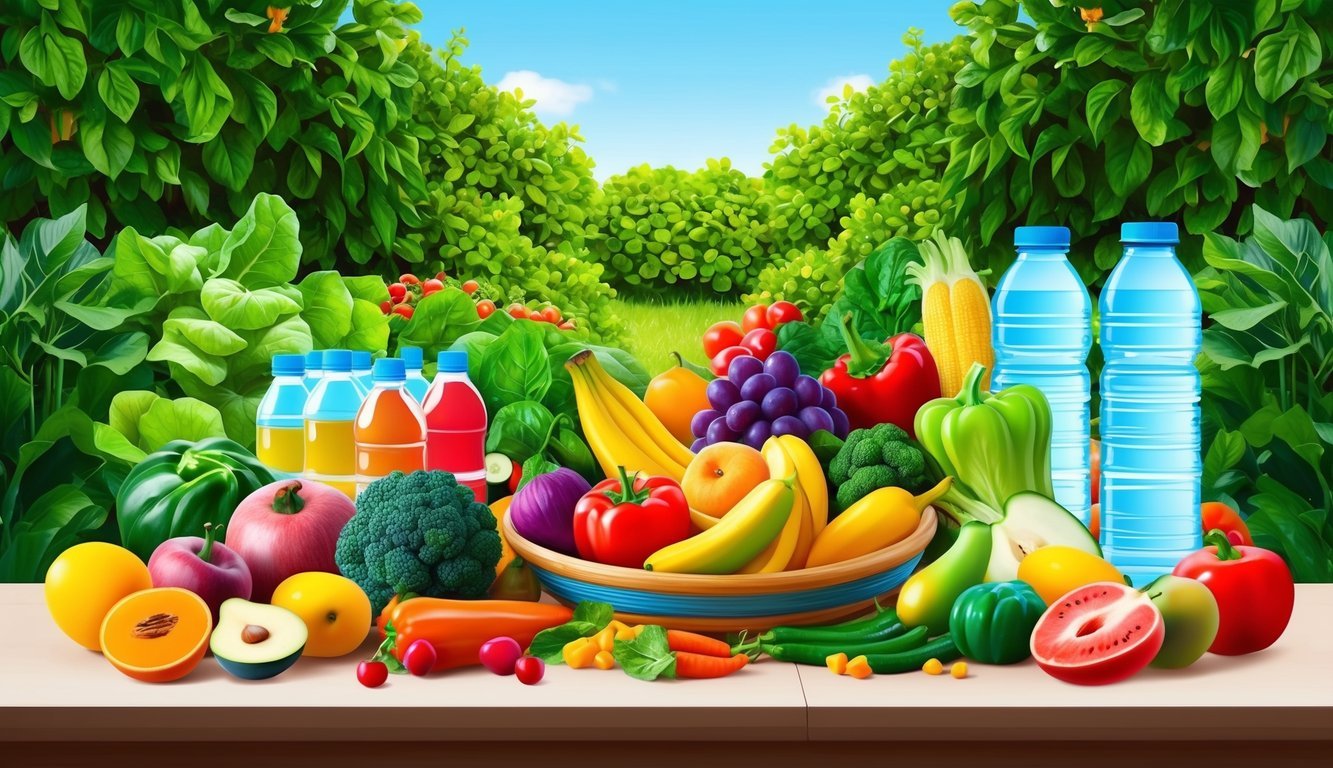 A colorful array of fruits, vegetables, and water bottles arranged on a table, surrounded by a lush green garden