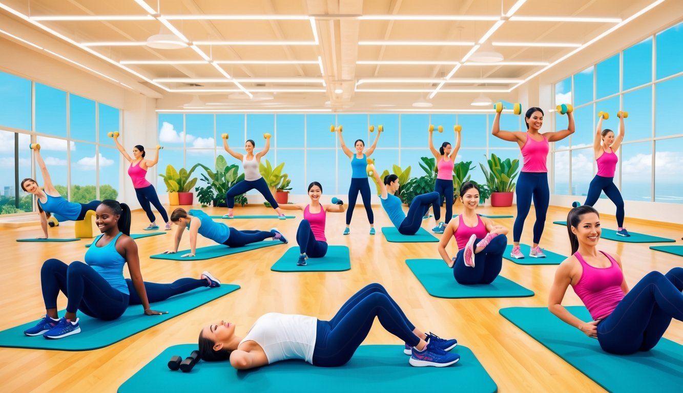 A vibrant scene of various exercises being performed in a bright and airy gym, with a focus on movements that promote gut mobility and overall health