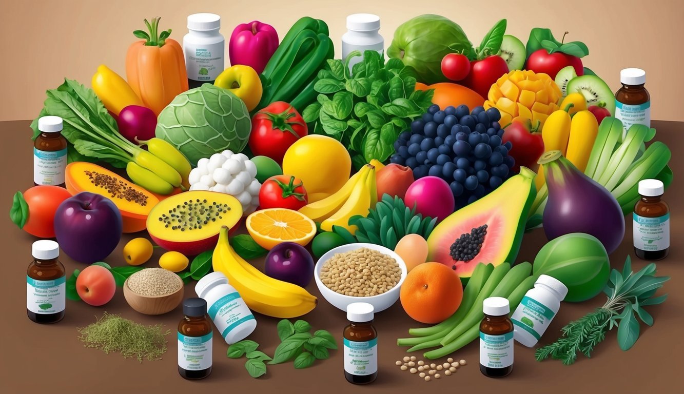 A variety of colorful fruits, vegetables, and probiotic-rich foods arranged on a table, surrounded by bottles of natural supplements and herbs